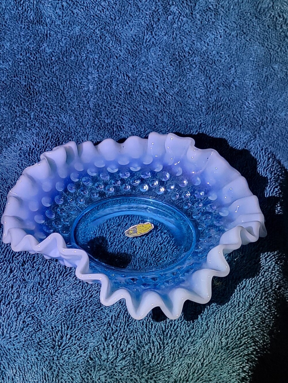 Fenton - Blue Opalescent Hobnail Ruffled Glass Bowl